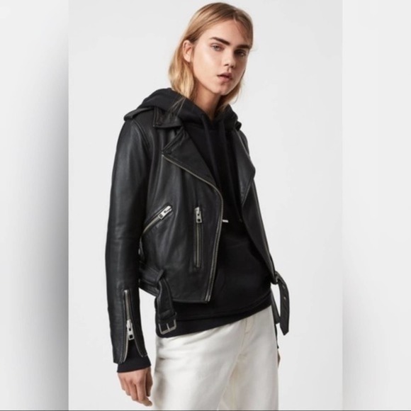 AllSaints Black Balfern Leather Biker Jacket NWOT size 4 B225 - Picture 1 of 6